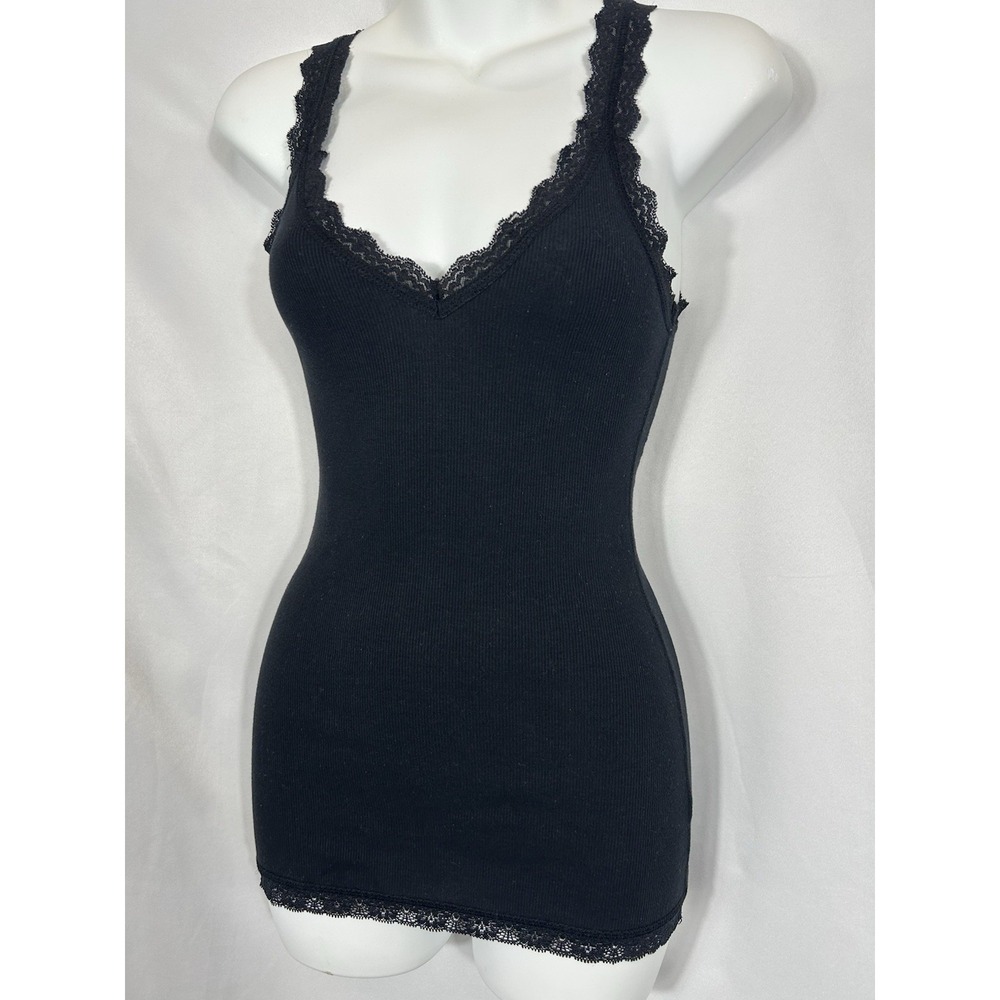 Vtg Old Navy Womens Y2K Lace Trim Cami Fitted Size XS‎ Black Fairy Grunge Preppy